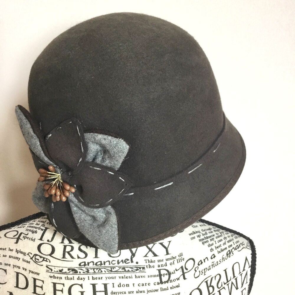 Vintage 1920s wool cloche hat brown with flower detail 20s jazz age O/S